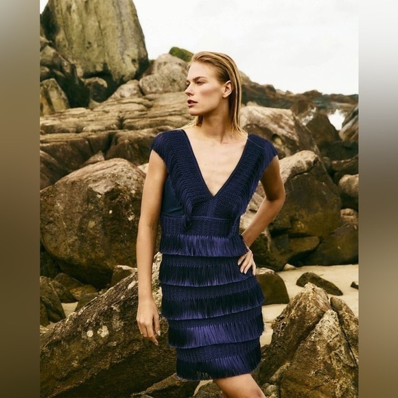 PatBO Dress Fringe Midi Crochet Tiered Sleeveless Beach Wedding Indigo 8 NWT - Picture 1 of 9